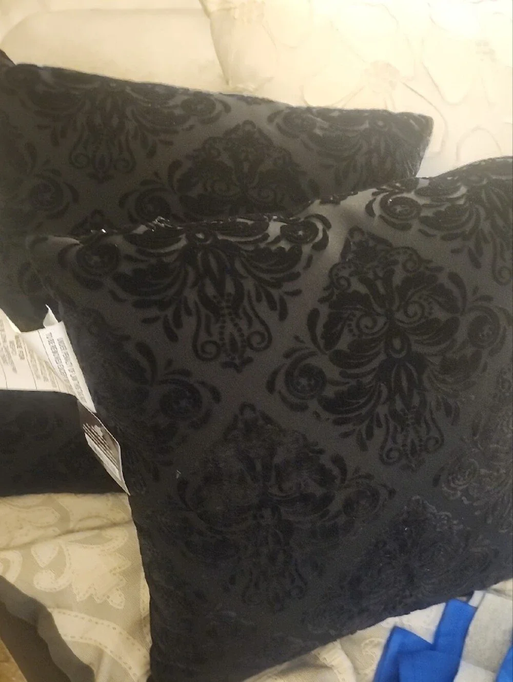 Black Velvet Damask Throw Pillow -Set Of 2